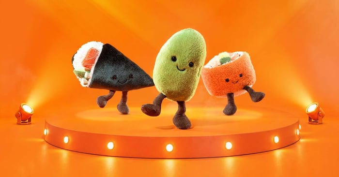 Amuseables Soyella Edamame Bean, Amuseables Coneroi Temaki and Amuseables Codhi Californian Roll dancing on the stage