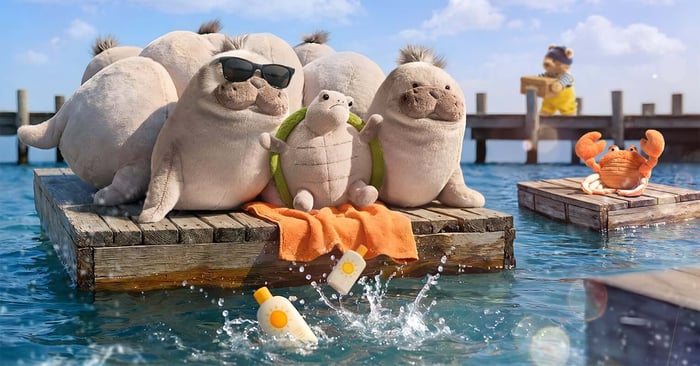 Timmy Turtle sits between Roarwell Sea Lions on a wooden raft floating on the sea beside Pinchsnap Crab