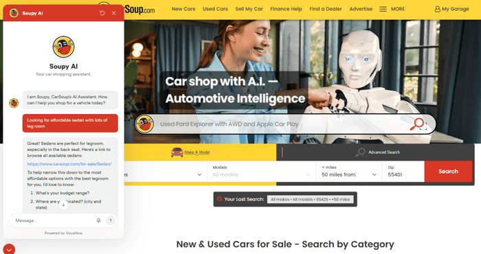 Soupy AI, CarSoup’s friendly AI car shopping assistant, ready to help Minnesota drivers find their next vehicle even in winter