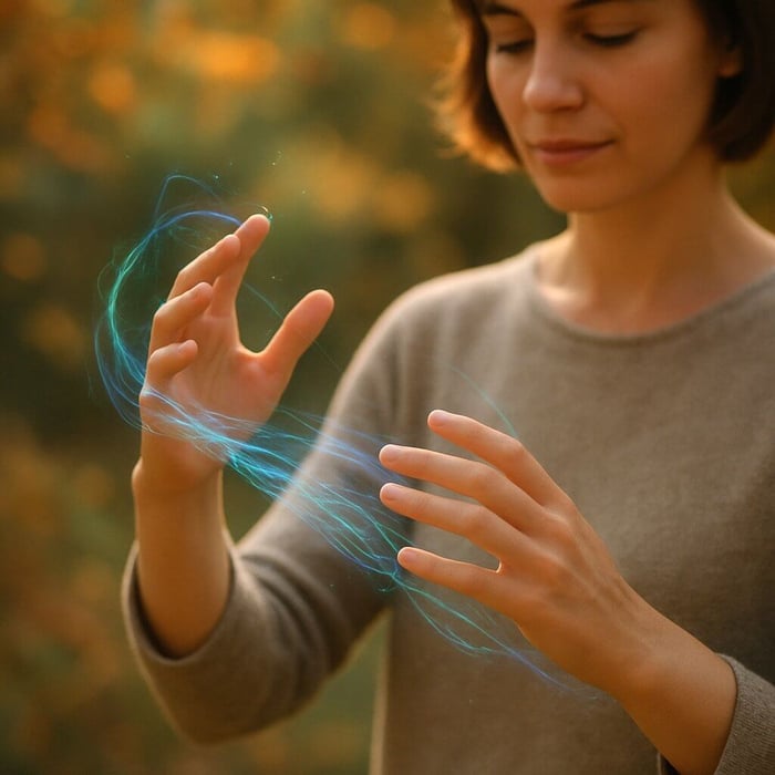 A person interacting with Reconnective Healing® Frequencies outdoors, hands at different heights with relaxed palms, surrounded by soft blue, green, and purple filaments—a simple and powerful way to heal.