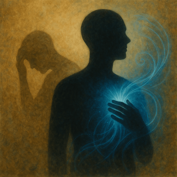 A composite portrait of a person living with pain, shifting from distress to calm as RH Frequencies swirl gently around their chest.