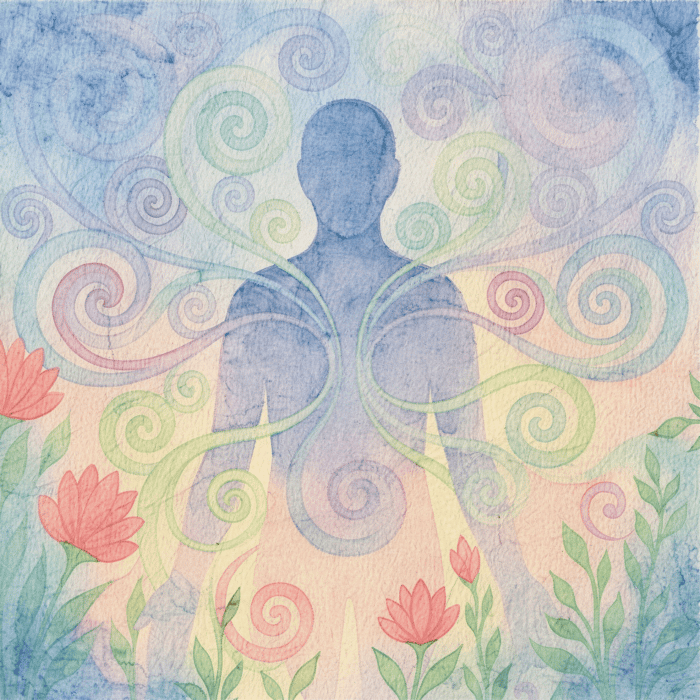 Watercolor illustration of a human silhouette surrounded by soft swirling patterns and blooming flowers, symbolizing unconditional love, awareness, and interconnected presence in a calm, harmonious environment.