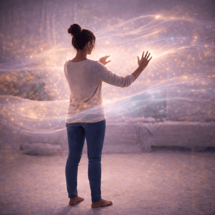 Full-length woman seen from behind standing with hands at different heights, engaging with a blue, purple, and gold energy field, illustrating interaction with Reconnective Healing® frequencies and altered states of awareness.