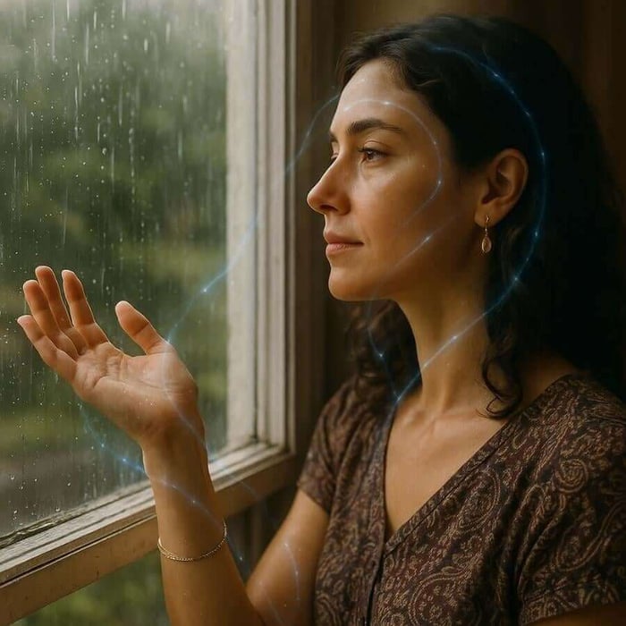 A woman gazes calmly out an open window on a rainy day, her hand extended to feel the raindrops as soft Reconnective Healing® frequencies of blue and gold light swirl around her hand, face, and hair — a serene moment reflecting awareness of the self