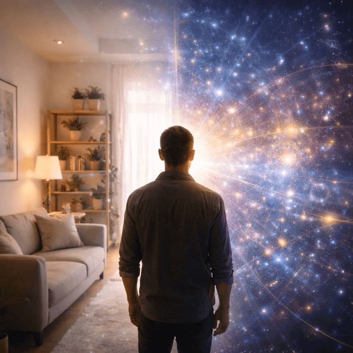 A person standing naturally in an everyday living space while subtle informational light patterns coexist around them, illustrating Being Multidimensional as presence unfolds within ordinary life.