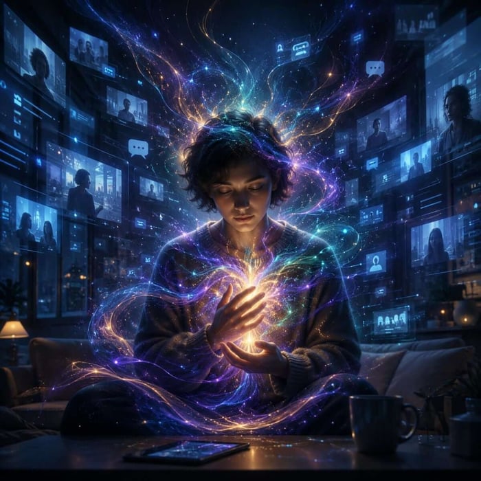 A person surrounded by digital connection—video calls, messages, and notifications—turns inward toward luminous Reconnective Healing® frequencies, symbolizing genuine awareness and human connection beyond the screen.