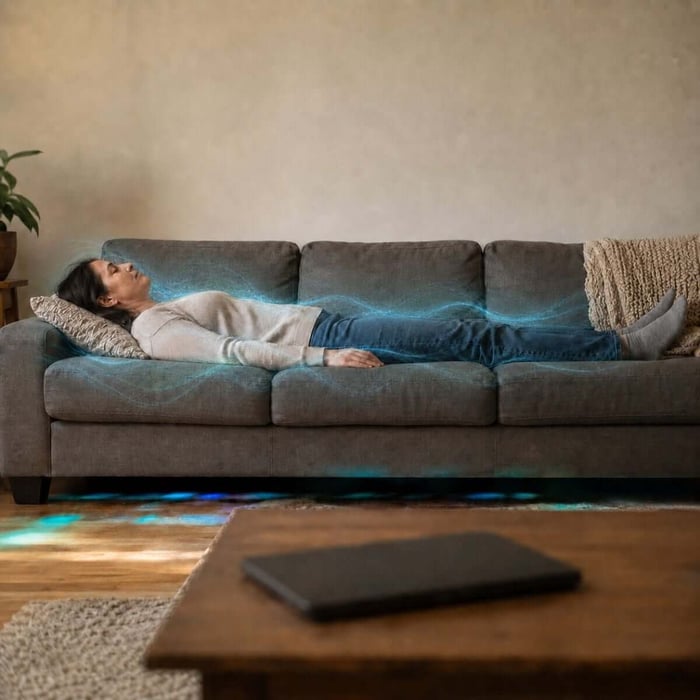 Distance healing session at home, with a woman resting on a sofa as subtle blue-white Reconnective Healing® motifs surround her and a closed laptop sits unused nearby.