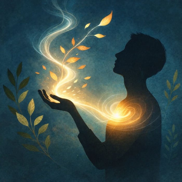 Silhouette of a human figure gently releasing glowing light from an open hand, symbolizing the release of effort and resting in quiet awareness against a deep blue textured background.
