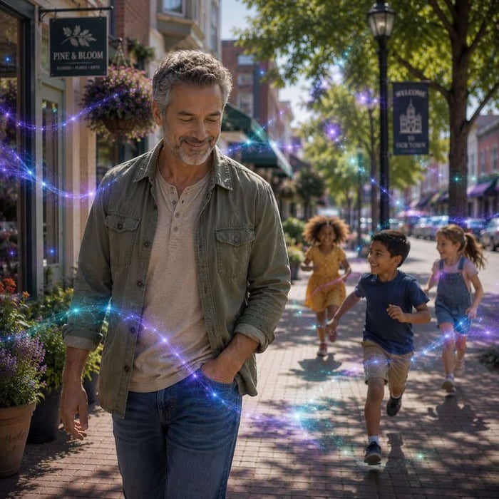 Expressions of Joy as a middle-aged man walks peacefully through a small-town street while children play nearby and subtle Reconnective Healing® frequencies move gently around him.