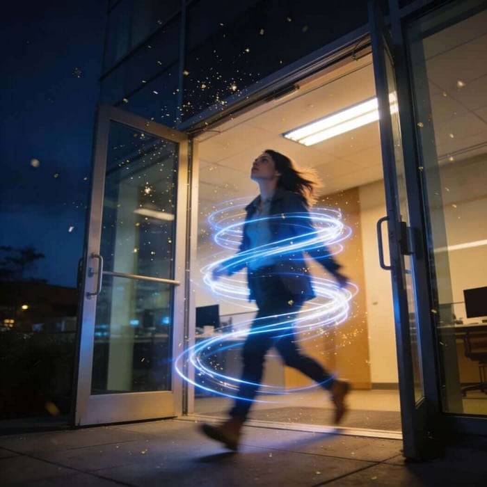 A woman steps out of her office into the night, leaving behind the need to fix yourself, as blue-white energy spirals around her.