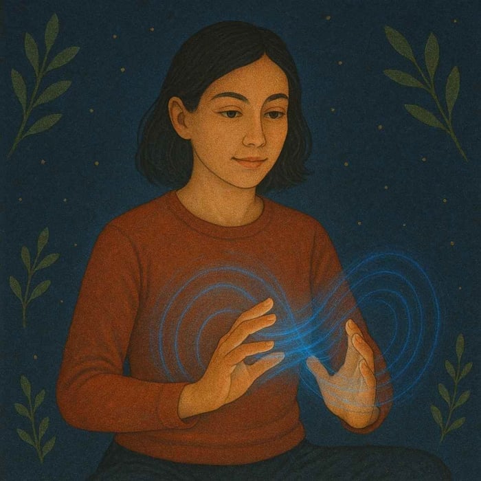 A serene figure with open eyes holds turquoise and gold Reconnective Healing® Frequencies between their hands, symbolizing holiday self-care and the inner gift of presence.