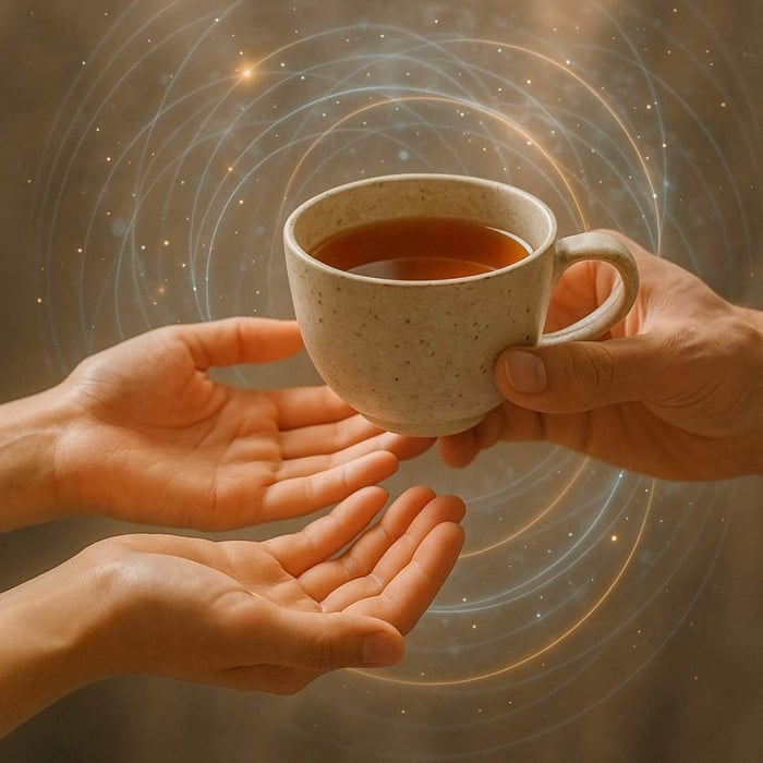 Two pairs of hands exchange a warm cup of tea, surrounded by soft turquoise, violet, and gold light filaments representing Reconnective Healing® Frequencies—an image of connection, receivership, and gratitude.