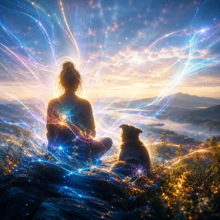 Healing without belief represented by a silhouetted person and dog as luminous Reconnective Healing® frequencies gently surround and touch them in a peaceful mountain landscape.