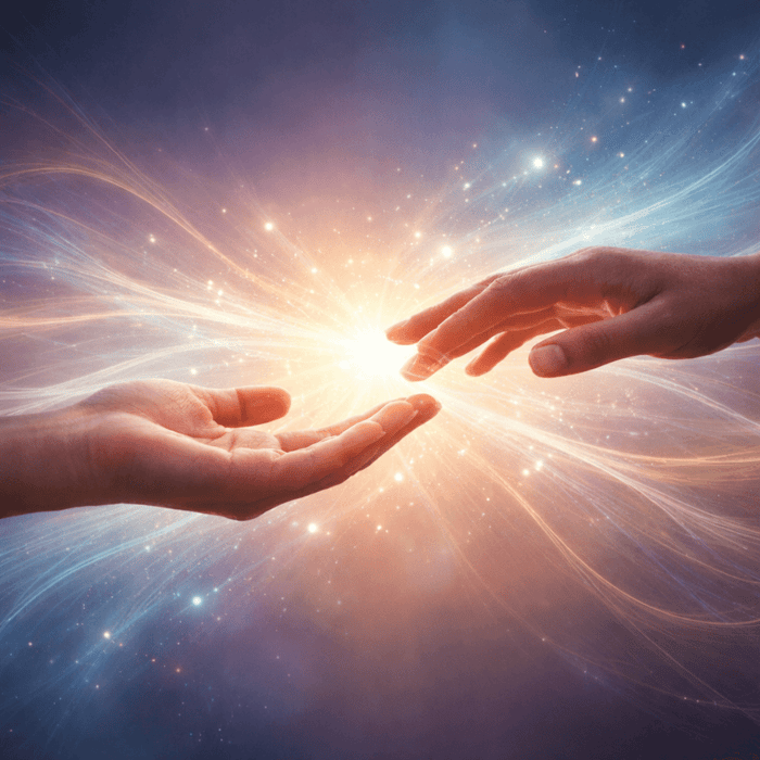 Two human hands reaching toward each other, surrounded by radiant flowing energy in gold, blue, and purple tones, representing the theme of helping vs healing through presence.