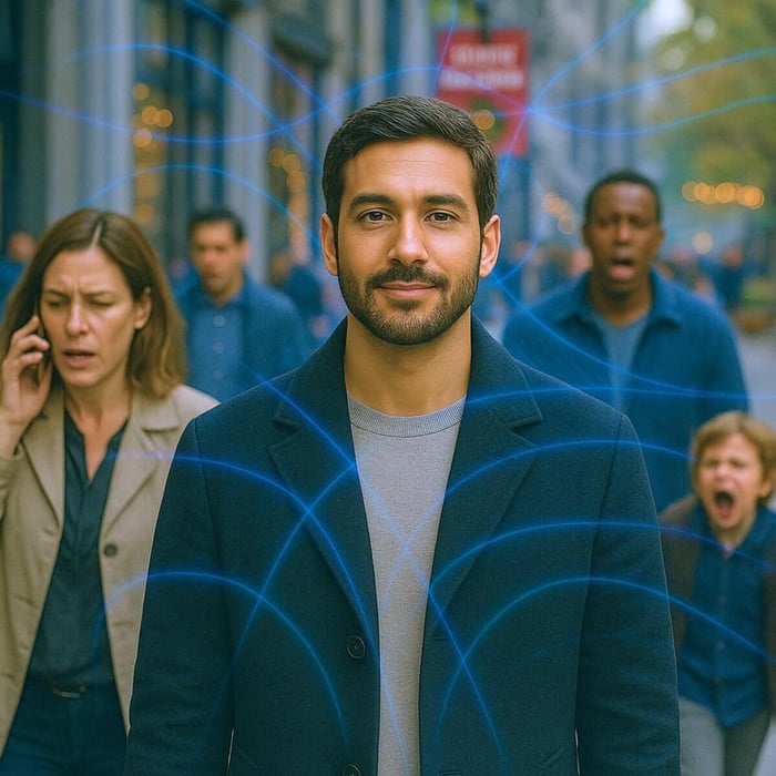 A calm man wearing a black coat stands on a busy city sidewalk during holiday chaos. Around him, people rush, argue, and talk on phones, while subtle blue light frequencies radiate gently from his presence.