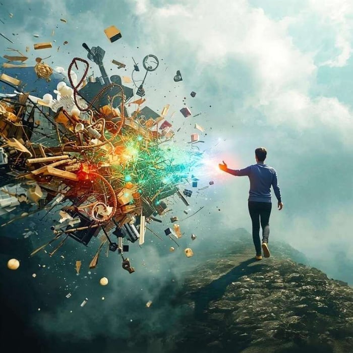 Person reaching toward colorful energy as chaos dissolves, symbolizing how to deal with stress through Reconnective Healing.