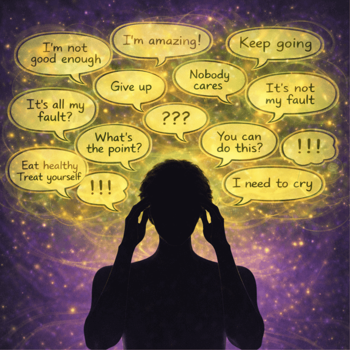 Square image of a person,  fingers on temples, surrounded by glowing thought bubbles like “I shouldn’t have…” and “How dare they,” symbolizing their inner narrative.