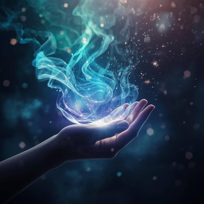 An open hand illuminated by soft light, gently holding swirling blue and turquoise energy representing awareness and healing — a visual expression of learning to receive through Reconnective Healing®.