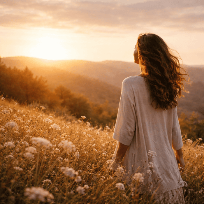 Square photo of a woman in a wildflower field at sunset, facing distant hills. The scene evokes love and awareness through stillness and natural light.
