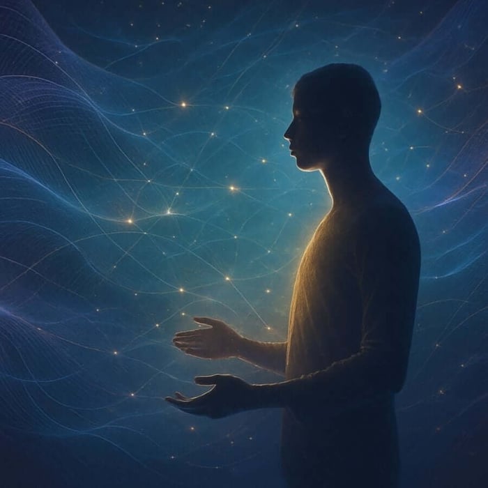 Person illuminated by golden light, hands at different heights, surrounded by turquoise and violet energy waves representing coherence within the quantum field.