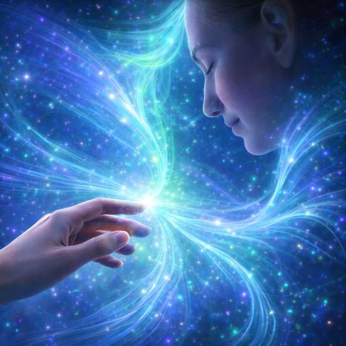 Reconnective Healing Frequencies flowing in blue, green, and purple light as a woman gently interacts with luminous strands of energy, illustrating a moment of awareness and receivership.