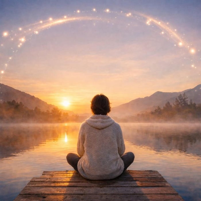 A person sits by a calm lake at sunrise, symbolizing reclaiming personal power through stillness and awareness.