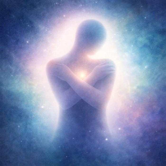Abstract human silhouette embracing itself in soft cosmic light, expressing sadness and presence through quiet inclusion and awareness.