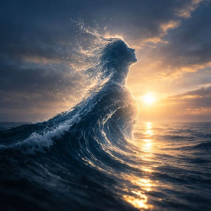 Human figure formed from an ocean wave rising from the sea at sunrise, illustrating singularity—how individuality emerges from the same underlying source, like waves arising from the ocean.