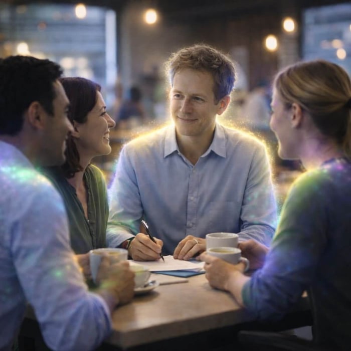 Four friends sharing coffee in a café, each surrounded by a subtle steady light with soft blue, green, and purple tones.