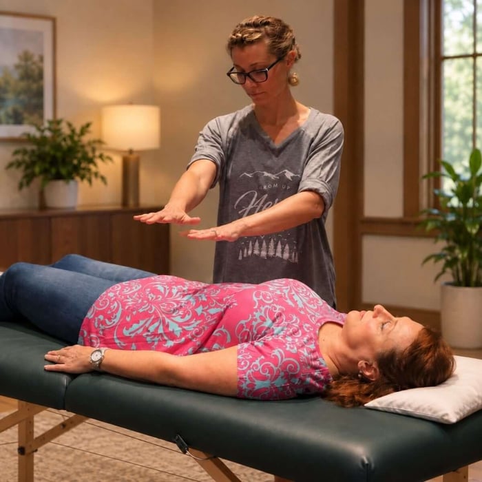 The Reconnection process in session, with a facilitator standing beside her client on a treatment table, hands gently positioned above her body.