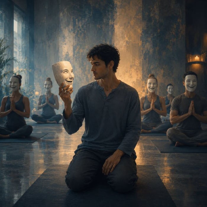 A thoughtful man in a yoga class holds and studies a smiling mask while everyone around him wears one, symbolizing toxic positivity and the pressure to appear well.