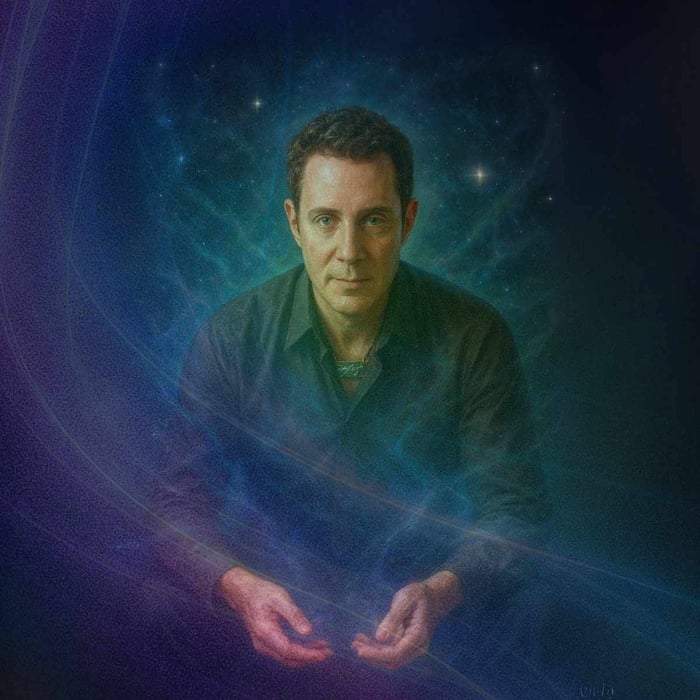 Dr. Eric Pearl with hands open, surrounded by cosmic light and frequencies, symbolizing his role as an energy healing chiropractor.