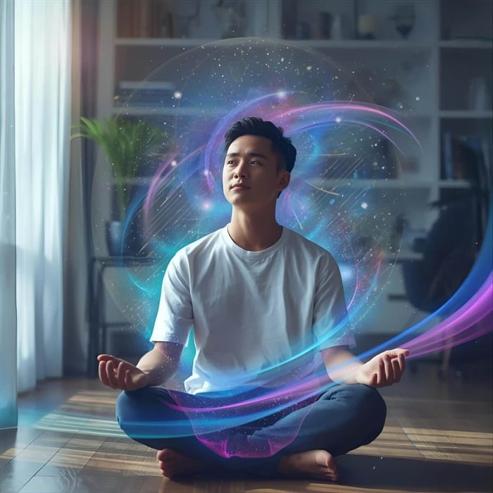 A person sitting in quiet awareness surrounded by flowing blue and violet light patterns symbolizing an evolutionary shift in human consciousness through Reconnective Healing®