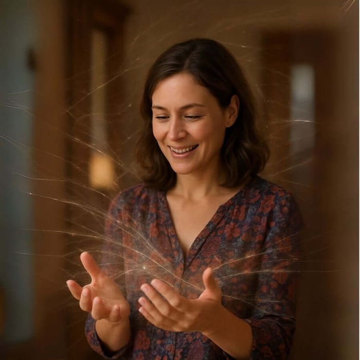 Woman smiling with hands open, experiencing a healing connection as subtle Reconnective Healing® frequencies of light flow between he