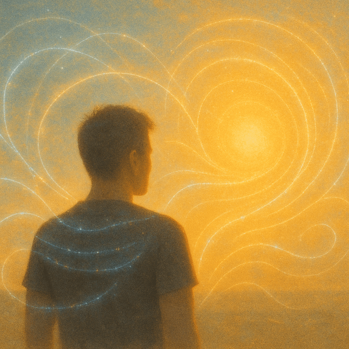 A man gazes into a warm horizon, surrounded by glowing Reconnective Healing® frequencies, illustrating the understanding that healing isn’t earned—it’s a natural state we remember.