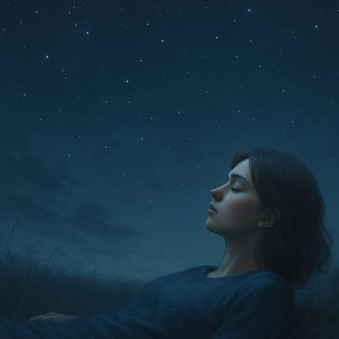 A peaceful young woman lies in a grassy field under a starry night sky, embodying the calm and surrender of how to let go through stillness and awareness.