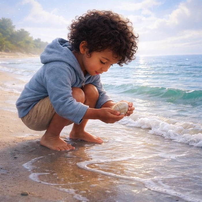 A traditional-style digital painting shows a young child with curly hair and warm skin crouching by the shoreline, fully absorbed in examining a seashell as gentle waves lap nearby — a quiet moment of presence and wonder.