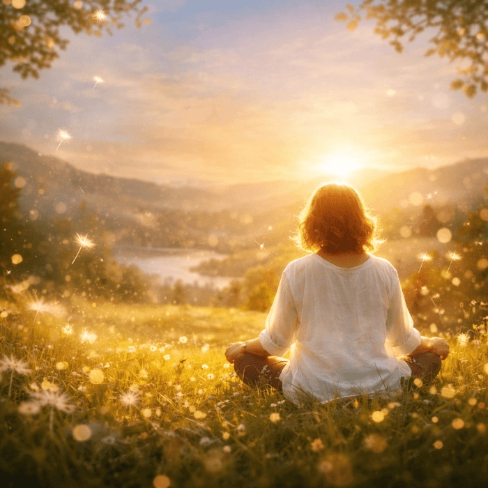 A woman sitting peacefully in a sunlit meadow at golden hour, soft natural light surrounding her as she faces an open landscape, evoking a sense of ease, presence, and living lightly.