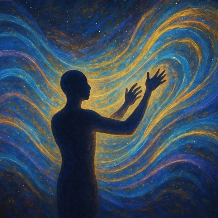 Silhouette of a person surrounded by flowing blue and gold waves of energy in a cosmic background, symbolizing expansion of awareness and connection to universal consciousness through Meditation Beyond the Mind.