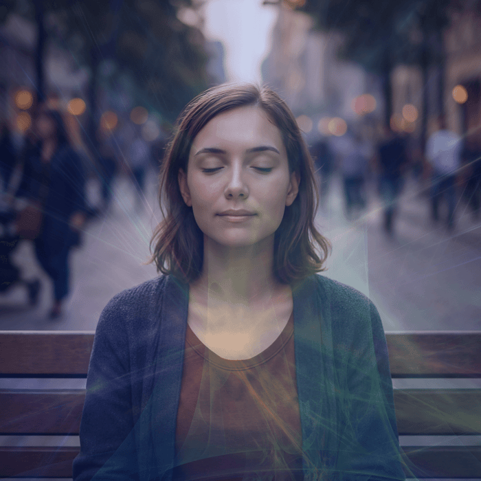 A woman sits on a bench and tries to quiet the mind