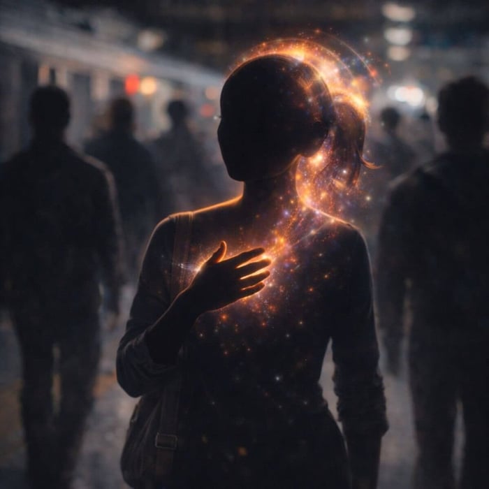 Silhouetted figure on a busy train platform, standing in quiet presence as subtle cosmic light surrounds their hand and hair amid rushing silhouettes.