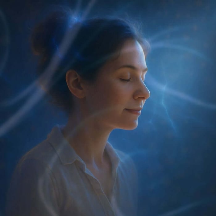 Woman in a peaceful distance healing session, eyes closed and surrounded by luminous blue energy patterns and golden light, symbolizing connection with healing frequencies.