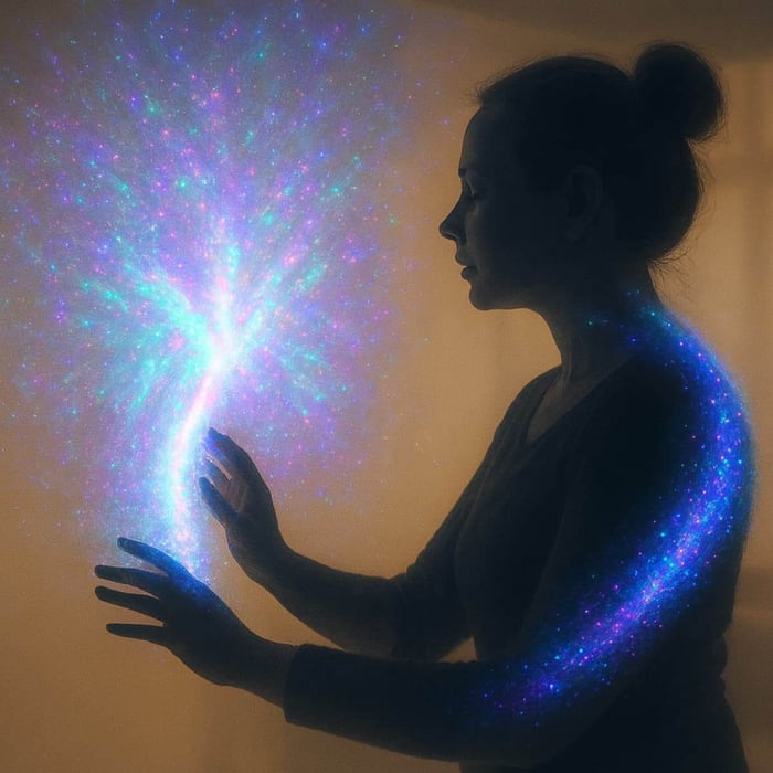 A female silhouette with a bun stands indoors, both hands extended toward a radiant Reconnective Healing field in purples, blues, and greens flowing into her, symbolizing self-healing.