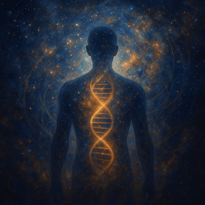 Human silhouette with DNA helix merging into the universe, symbolizing the Six Phrases of Reconnective Healing.