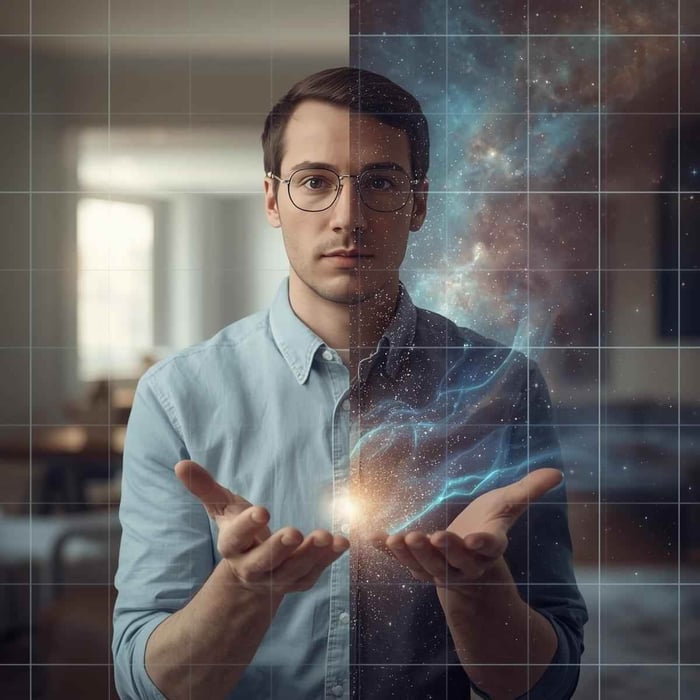 Man transitions from traditional healing into Reconnective Healing®, hands immersed in glowing Energy, Light, & Information® frequencies.