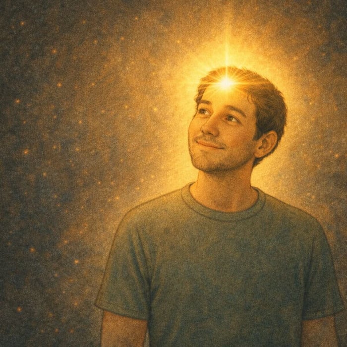 Illustrated man standing calmly as his inner light shines through his head, symbolizing how your inner light is revealed through awareness.