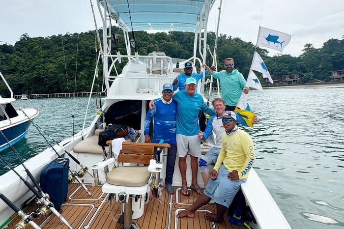 Guy Harvey and expedition team aboard fishing boat at Tropic Star Lodge in Panama during black marlin tagging expedition, July 2025