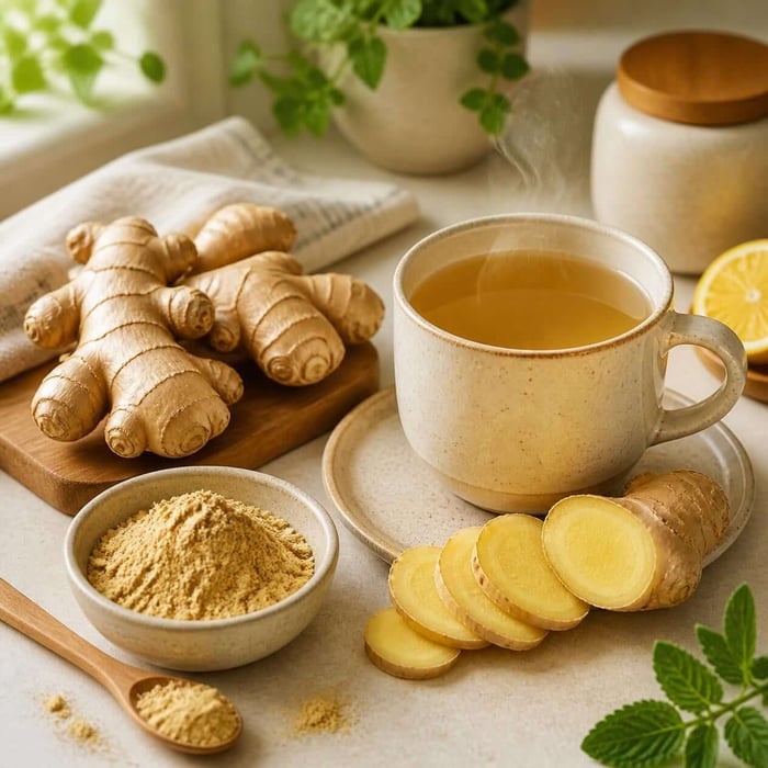 Fresh ginger, ginger powder, and tea used as supportive options for ginger for migraines.