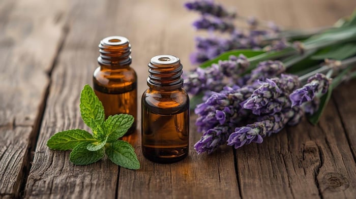Small amber bottles of peppermint and lavender essential oils with fresh herbs