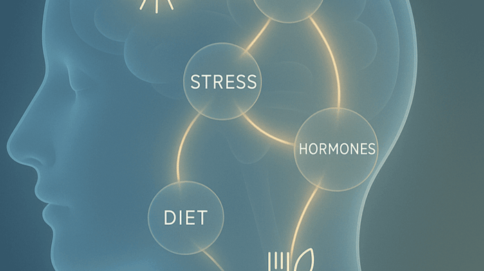 Illustration showing overlapping migraine triggers such as light, stress, and diet factors